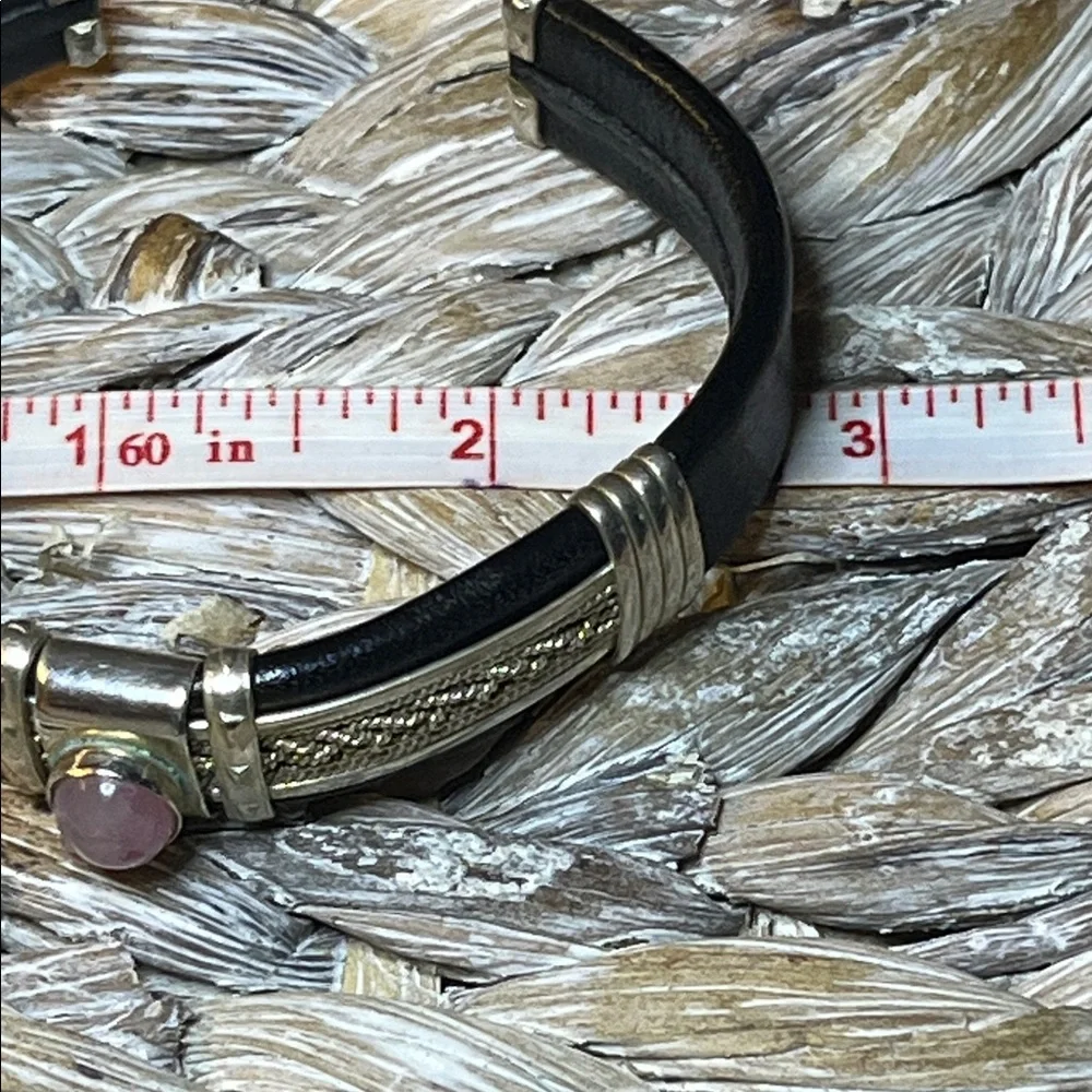 Silver and Black Leather Bracelet with‎ Pink Stone